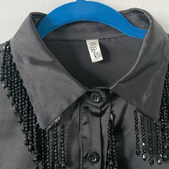 Baifenbai Black Silk long sleeve button down shirt with stone tassels - Picture 3 of 6